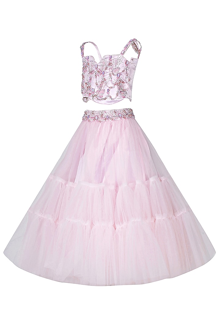 Baby Pink Net Embroidered Lehenga Set For Girls by Pooja Wang at Pernia's Pop Up Shop