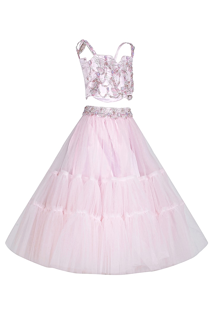 Baby Pink Net Embroidered Lehenga Set For Girls by Pooja Wang at Pernia's Pop Up Shop