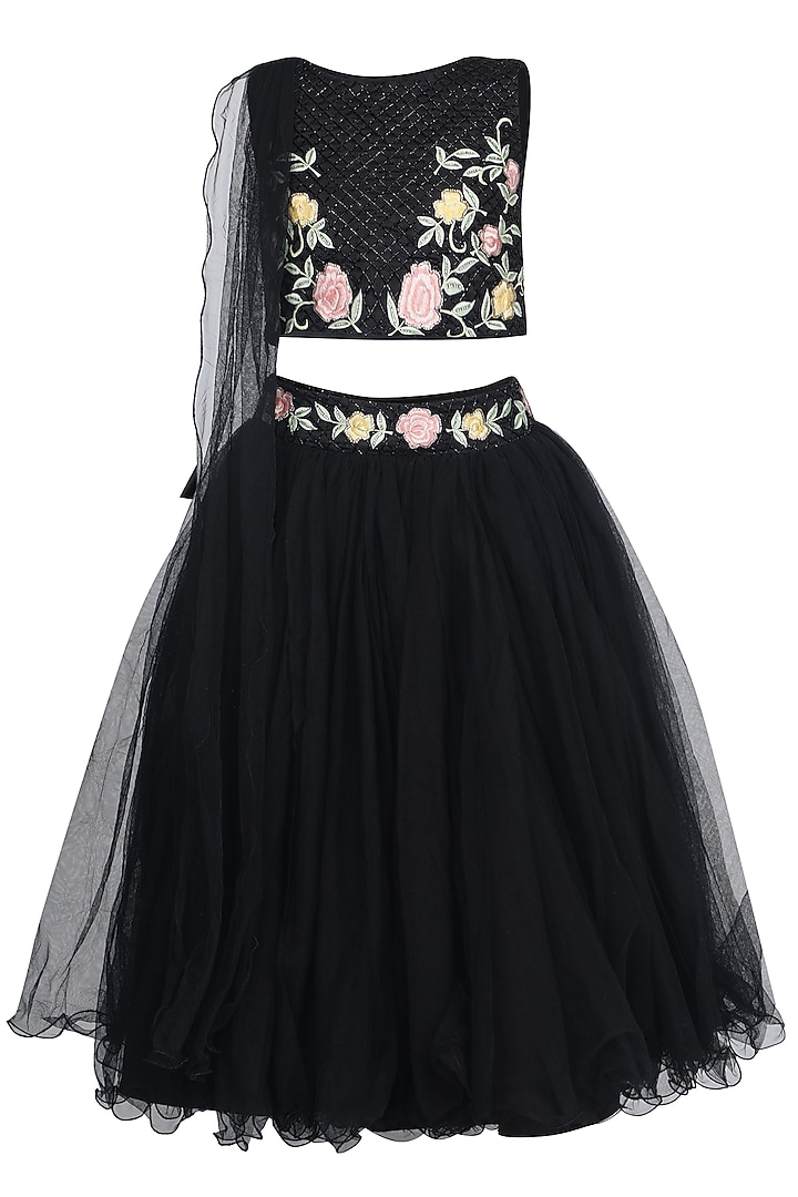 Black Net Embroidered Lehenga Set For Girls by Pooja Wang at Pernia's Pop Up Shop