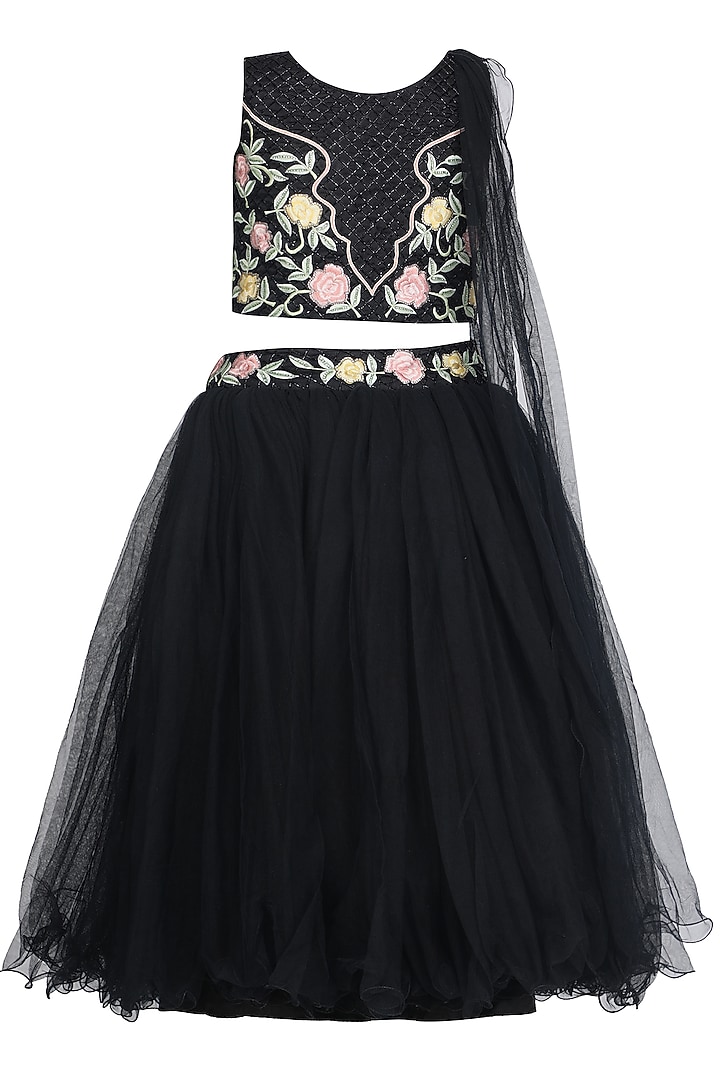 Black Net Embroidered Lehenga Set For Girls by Pooja Wang at Pernia's Pop Up Shop