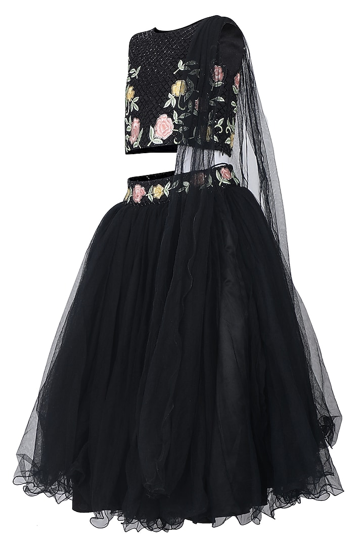 Black Net Embroidered Lehenga Set For Girls by Pooja Wang at Pernia's Pop Up Shop