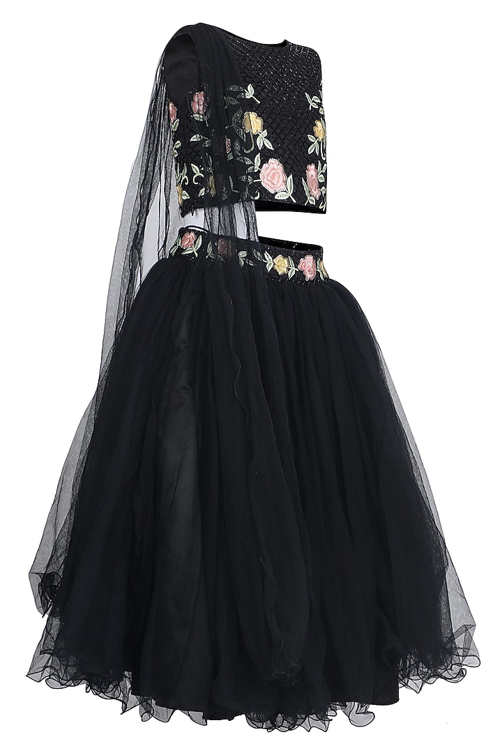 Black Net Embroidered Lehenga Set For Girls by Pooja Wang at Pernia's Pop Up Shop