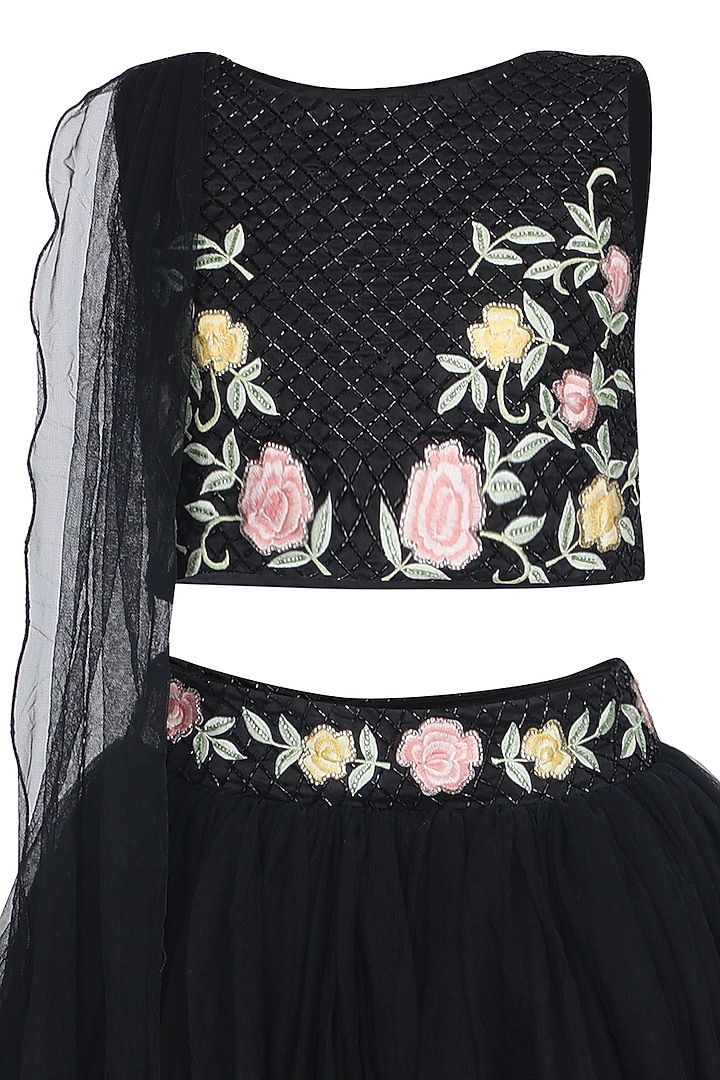 Black Net Embroidered Lehenga Set For Girls by Pooja Wang at Pernia's Pop Up Shop