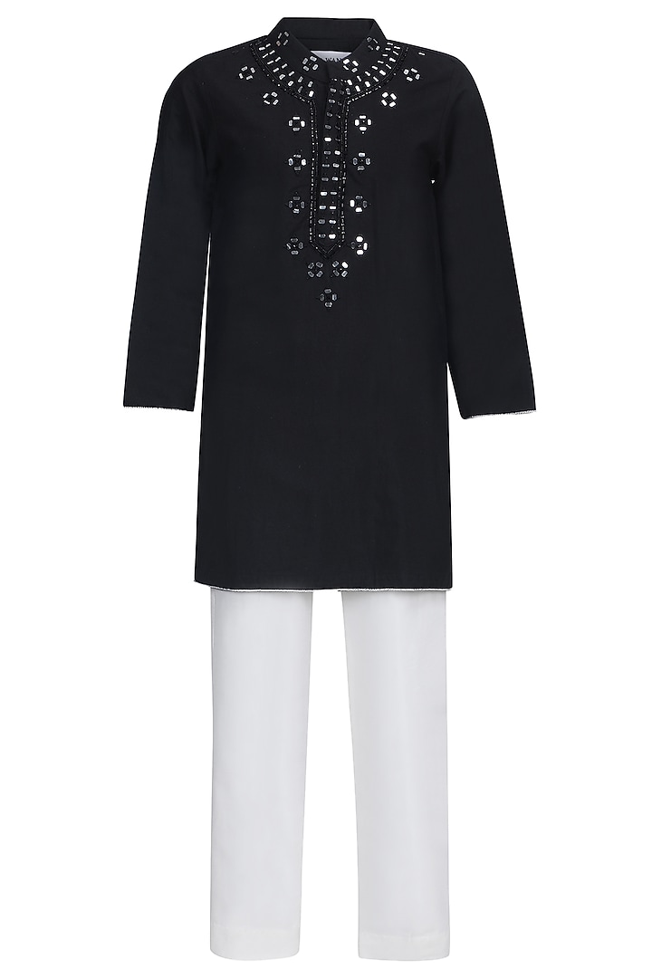 Black Cotton Mirror Work Kurta Set For Boys by Pooja Wang at Pernia's Pop Up Shop
