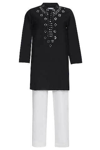 Black Cotton Mirror Work Kurta Set For Boys by Pooja Wang