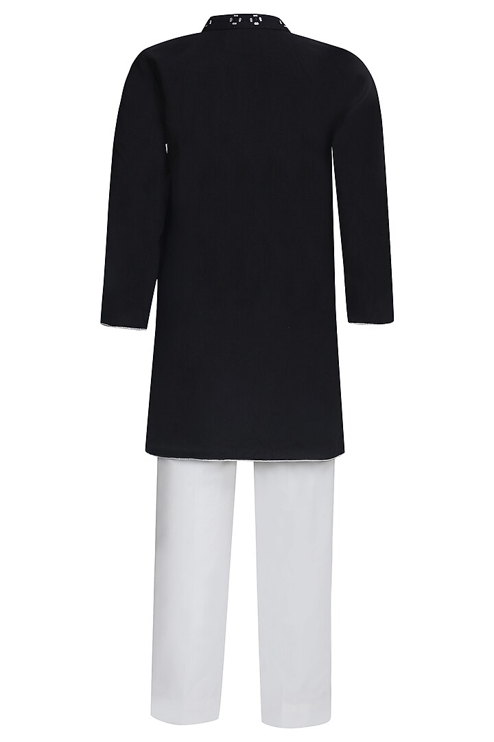 Black Cotton Mirror Work Kurta Set For Boys by Pooja Wang at Pernia's Pop Up Shop