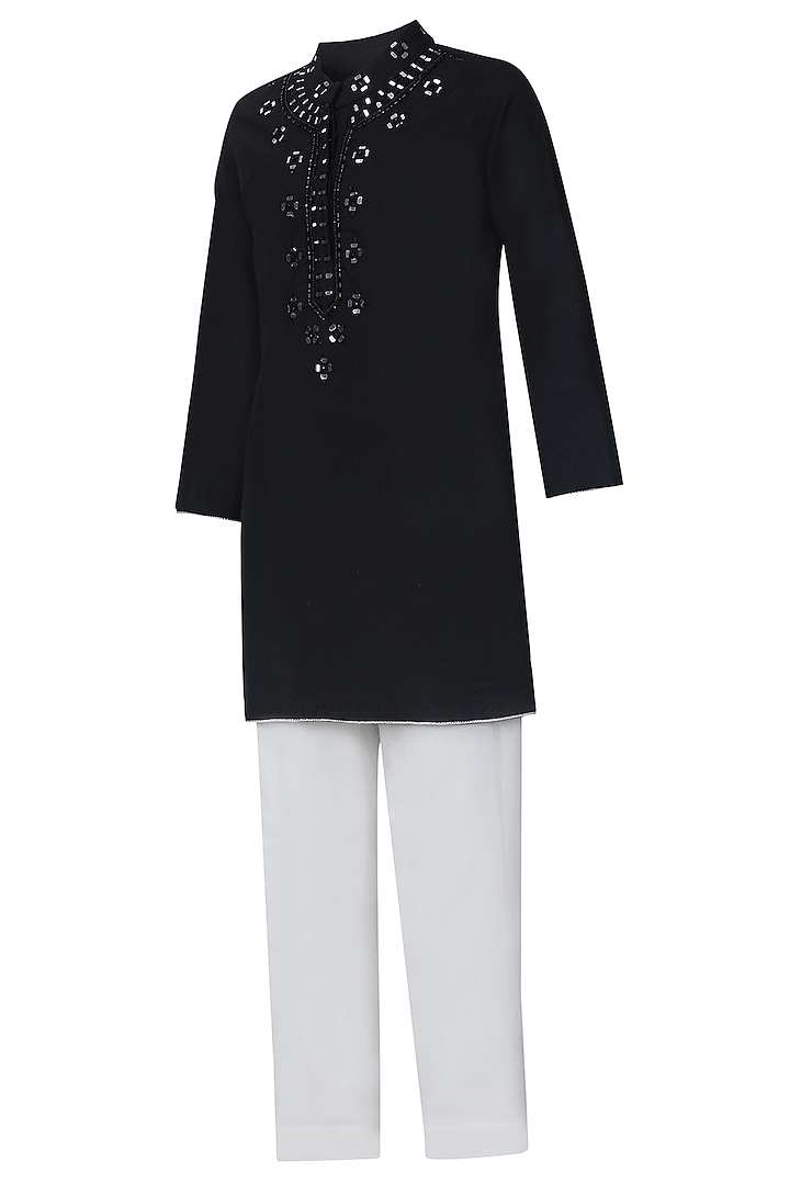 Black Cotton Mirror Work Kurta Set For Boys by Pooja Wang at Pernia's Pop Up Shop