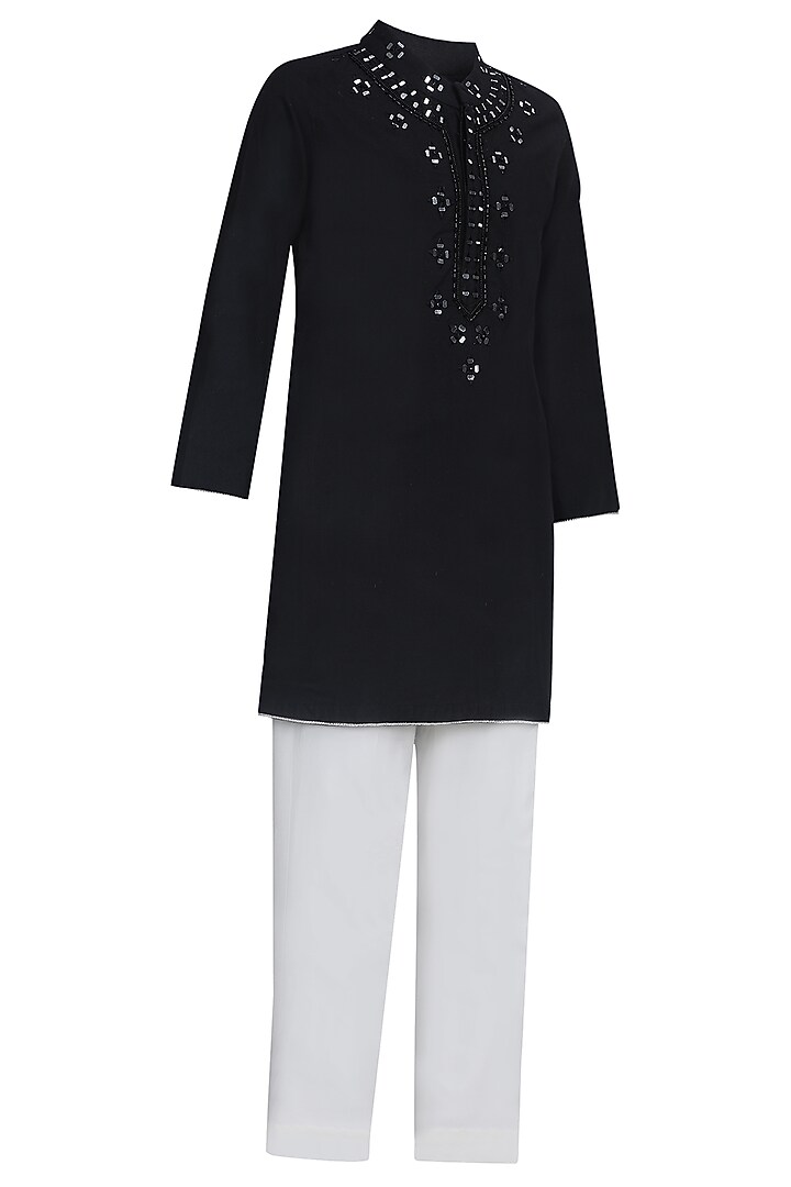 Black Cotton Mirror Work Kurta Set For Boys by Pooja Wang at Pernia's Pop Up Shop