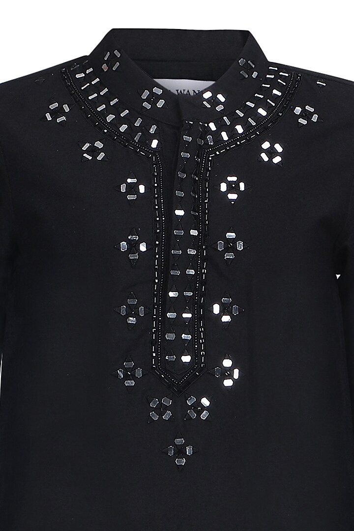 Black Cotton Mirror Work Kurta Set For Boys by Pooja Wang at Pernia's Pop Up Shop