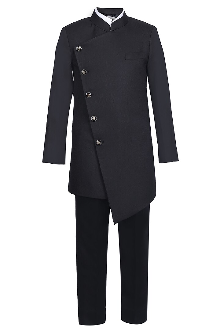 Black Gavadin Kurta Set For Boys by Pooja Wang at Pernia's Pop Up Shop