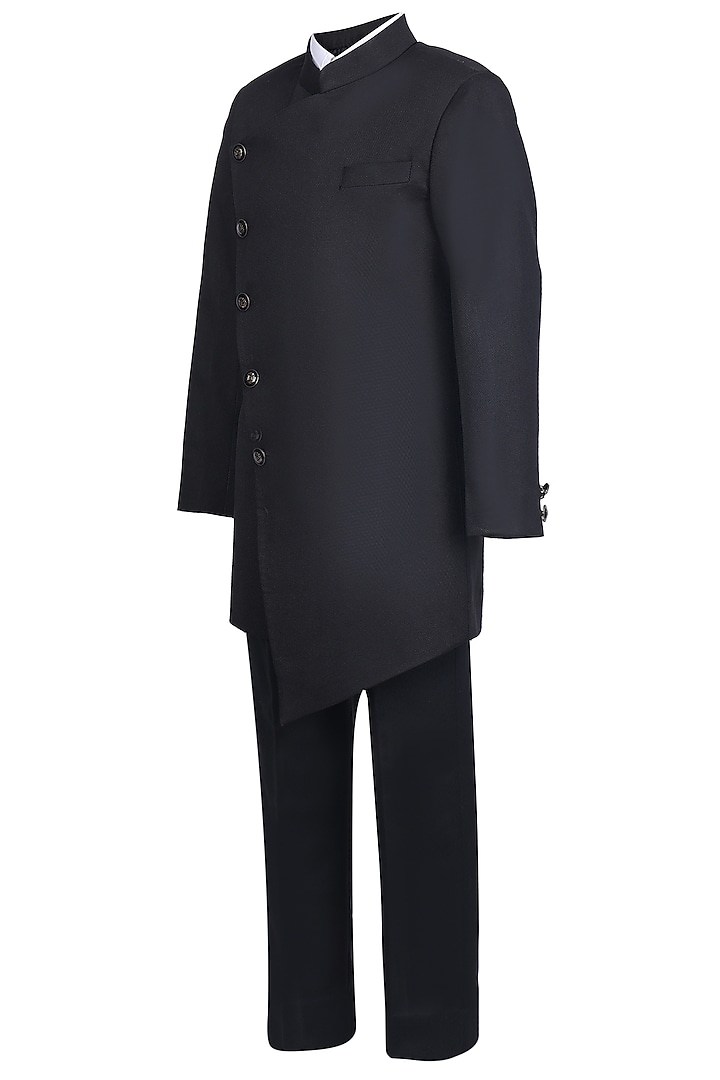Black Gavadin Kurta Set For Boys by Pooja Wang at Pernia's Pop Up Shop