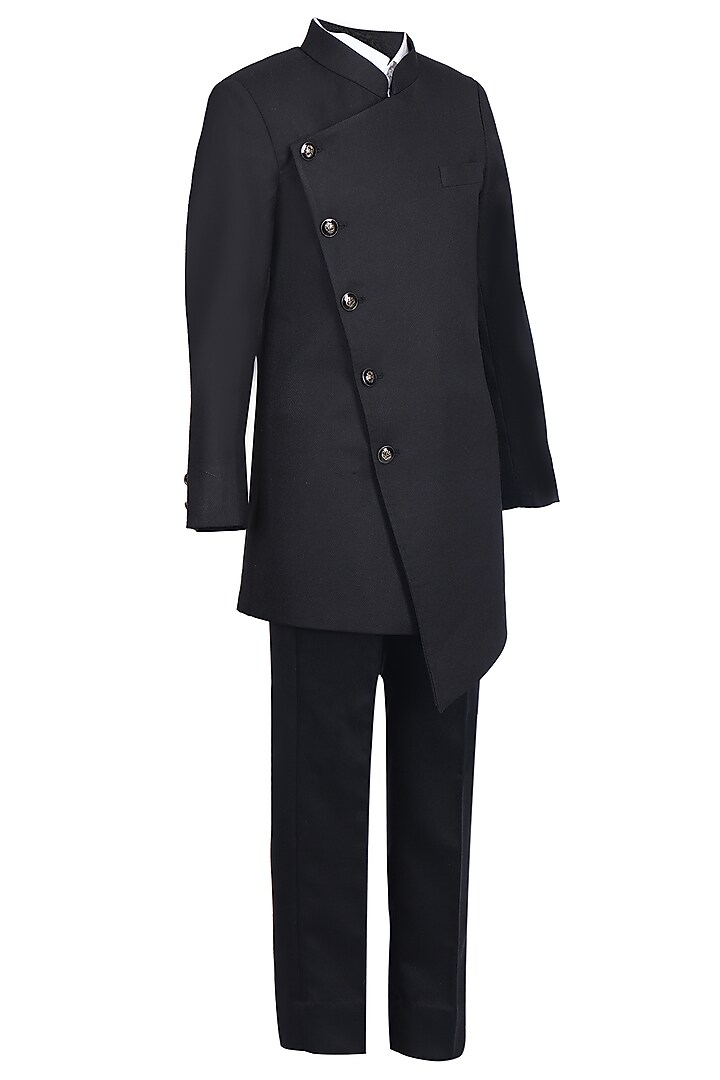 Black Gavadin Kurta Set For Boys by Pooja Wang at Pernia's Pop Up Shop