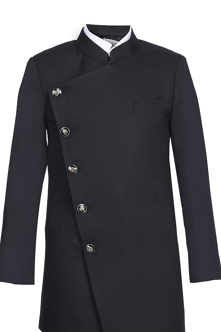 Black Gavadin Kurta Set For Boys by Pooja Wang at Pernia's Pop Up Shop