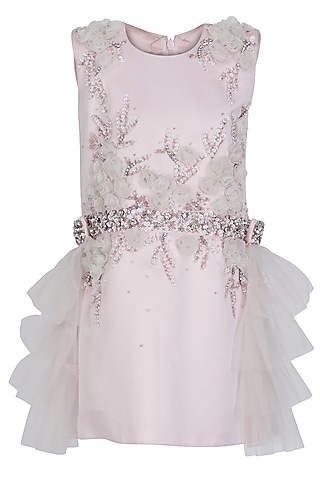 Baby Pink Dutch Satin Embroidered Dress For Girls by Pooja Wang