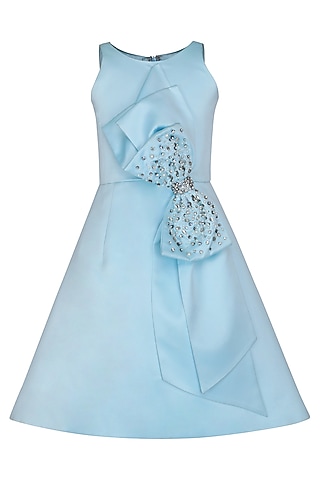 Ice Blue Dutch Satin Embroidered Dress For Girls by Pooja Wang