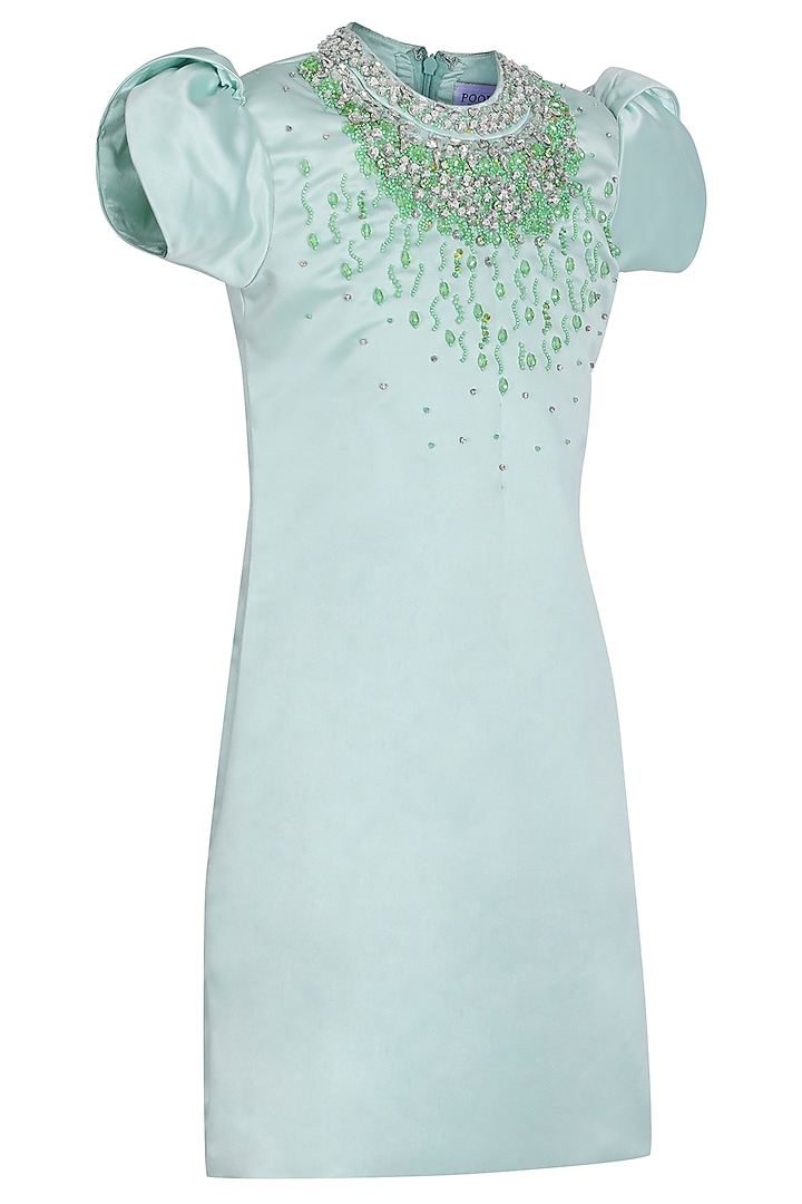 Sea Green Dutch Satin Embroidered Dress For Girls by Pooja Wang at Pernia's Pop Up Shop