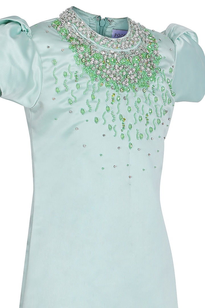 Sea Green Dutch Satin Embroidered Dress For Girls by Pooja Wang at Pernia's Pop Up Shop