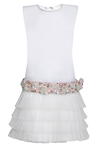 White Dutch Satin Embroidered Dress For Girls by Pooja Wang