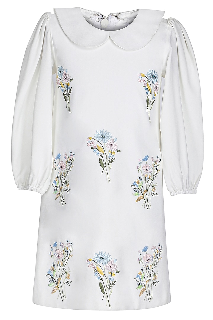 White Moss Embroidered Dress For Girls by Pooja Wang at Pernia's Pop Up Shop