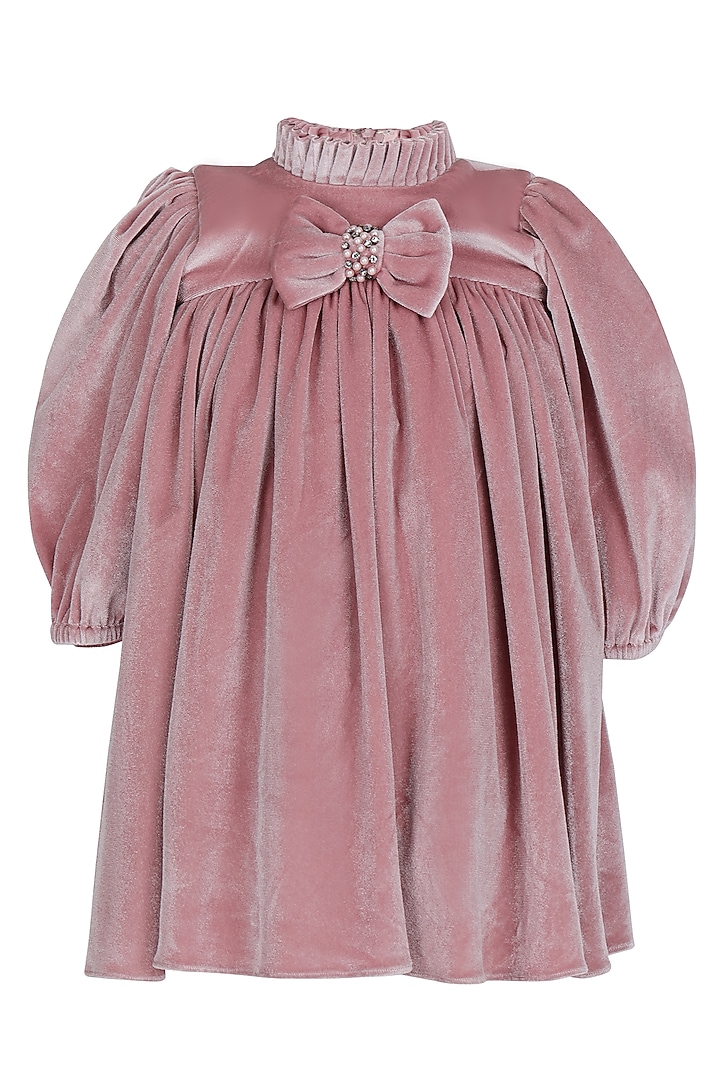 Onion Pink Velvet Embroidered Dress For Girls by Pooja Wang at Pernia's Pop Up Shop