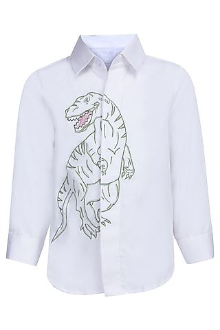 White Cotton Embroidered Shirt For Boys by Pooja Wang