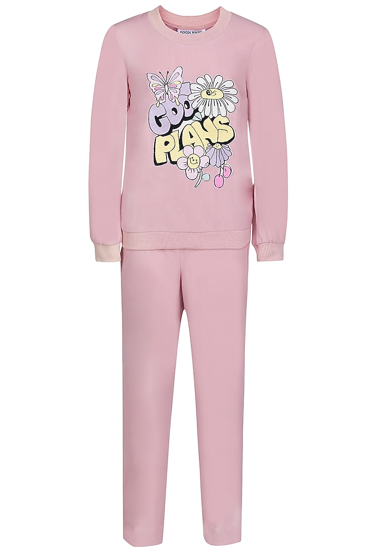 Onion Pink Banana Crepe Embroidered Co-Ord Set For Girls by Pooja Wang at Pernia's Pop Up Shop