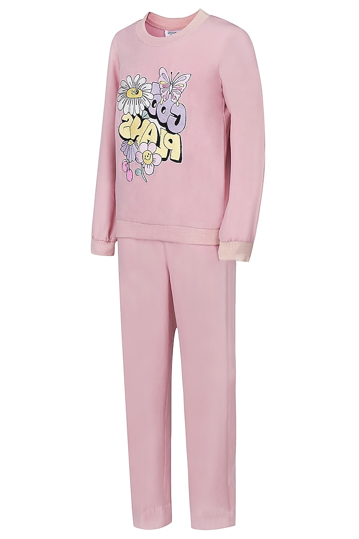 Onion Pink Banana Crepe Embroidered Co-Ord Set For Girls by Pooja Wang at Pernia's Pop Up Shop