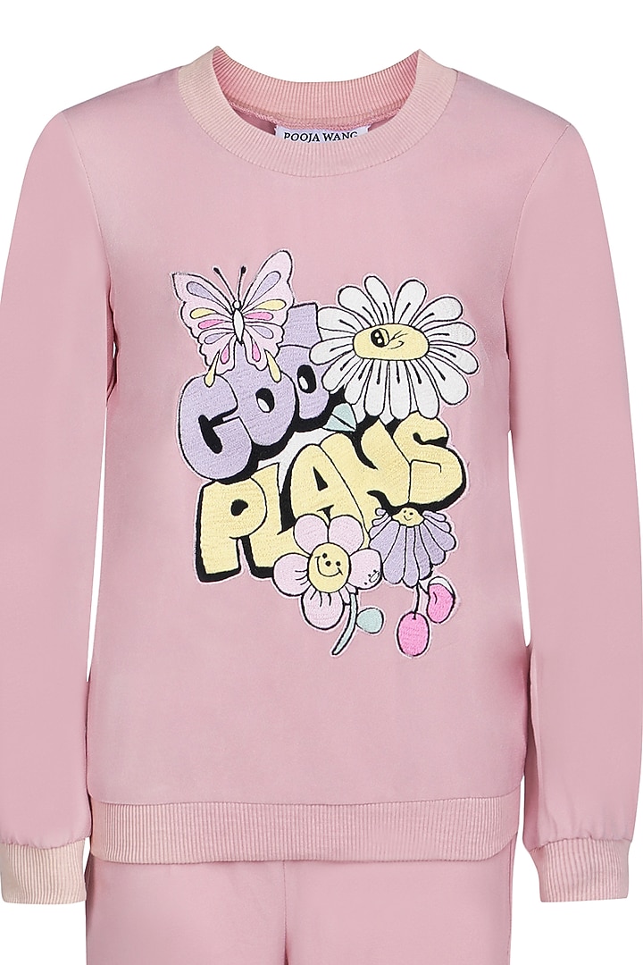 Onion Pink Banana Crepe Embroidered Co-Ord Set For Girls by Pooja Wang at Pernia's Pop Up Shop