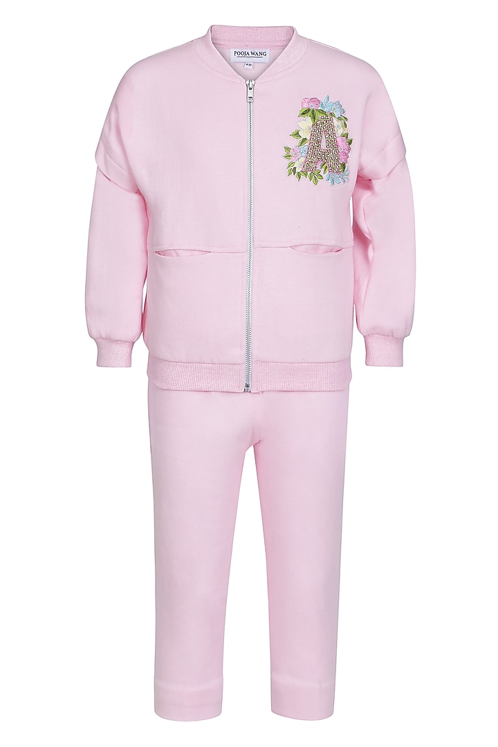 Baby Pink Fleece Embroidered Co-Ord Set For Girls by Pooja Wang at Pernia's Pop Up Shop