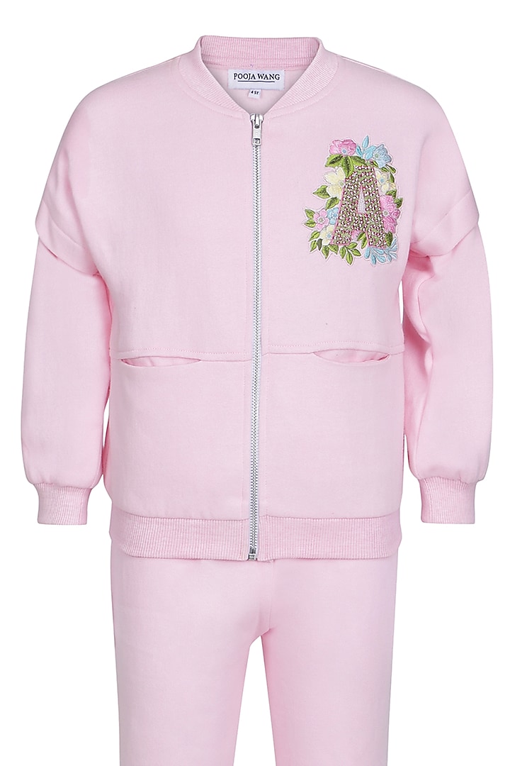 Baby Pink Fleece Embroidered Co-Ord Set For Girls by Pooja Wang at Pernia's Pop Up Shop