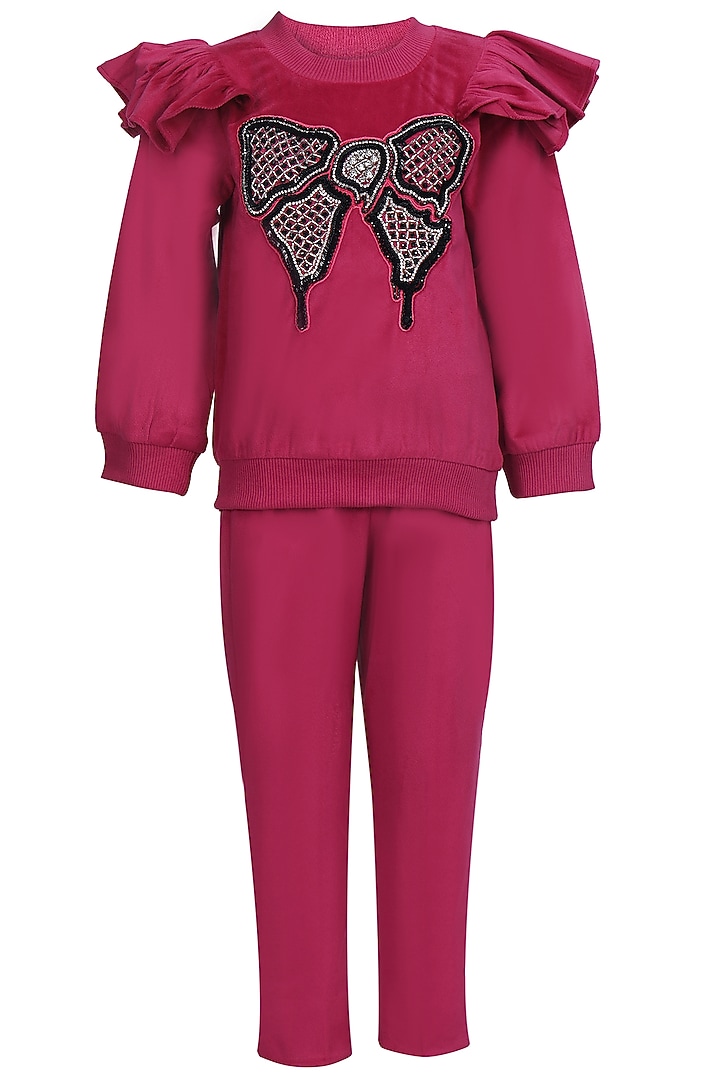 Hot Pink Velvet Embroidered Co-Ord Set For Girls by Pooja Wang at Pernia's Pop Up Shop