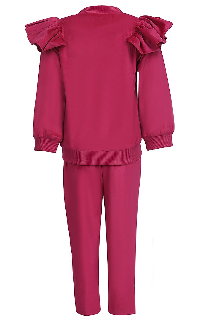 Hot Pink Velvet Embroidered Co-Ord Set For Girls by Pooja Wang at Pernia's Pop Up Shop