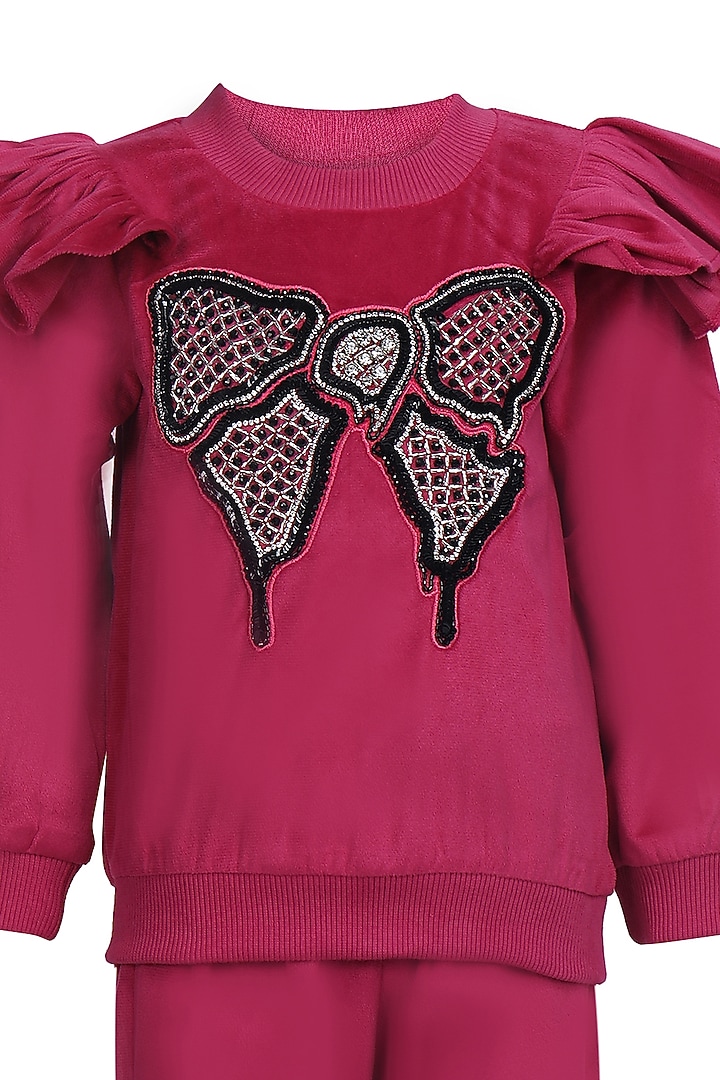 Hot Pink Velvet Embroidered Co-Ord Set For Girls by Pooja Wang at Pernia's Pop Up Shop