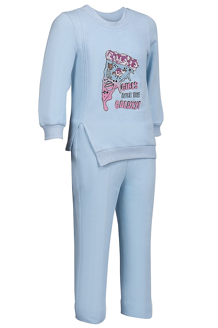 Ice Blue Fleece Embroidered Co-Ord Set For Girls by Pooja Wang at Pernia's Pop Up Shop