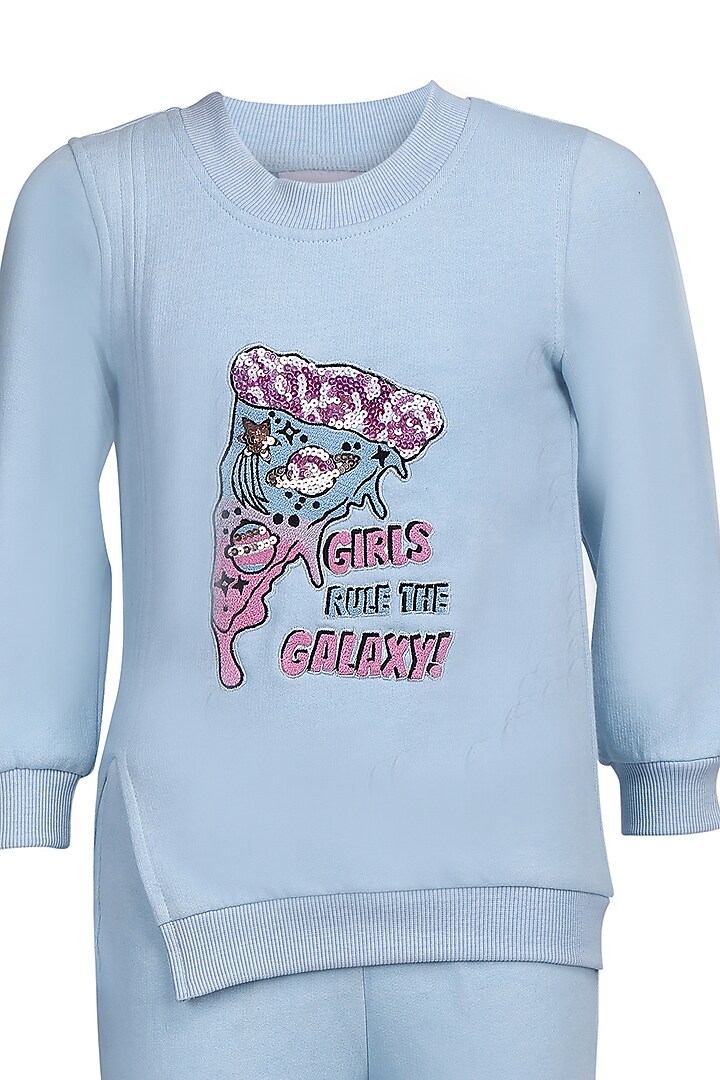 Ice Blue Fleece Embroidered Co-Ord Set For Girls by Pooja Wang at Pernia's Pop Up Shop