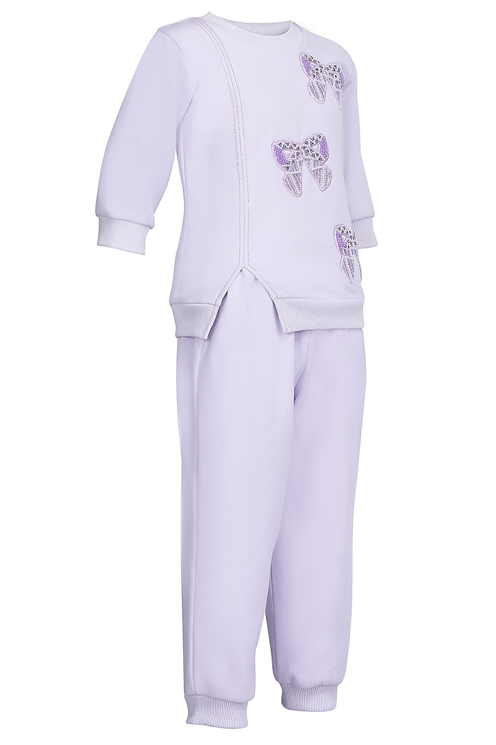 Lavender Fleece Embroidered Co-Ord Set For Girls by Pooja Wang at Pernia's Pop Up Shop