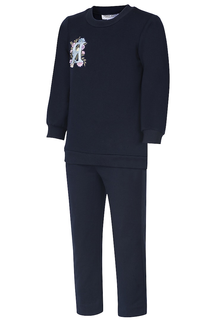 Royal Blue Fleece Embroidered Co-Ord Set For Girls by Pooja Wang at Pernia's Pop Up Shop