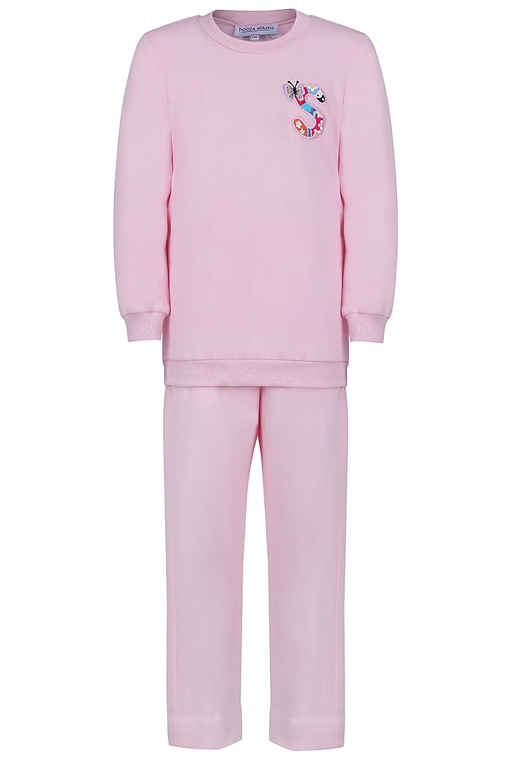Baby Pink Fleece Embroidered Co-Ord Set For Girls by Pooja Wang at Pernia's Pop Up Shop