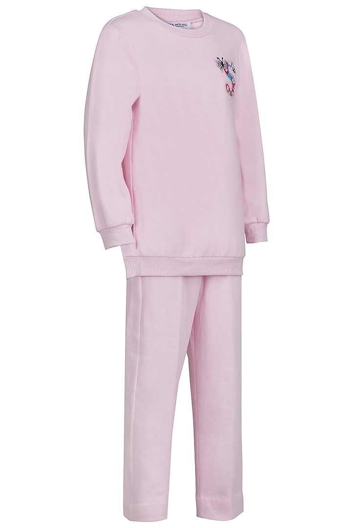 Baby Pink Fleece Embroidered Co-Ord Set For Girls by Pooja Wang at Pernia's Pop Up Shop