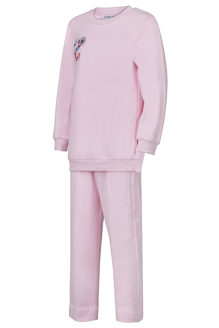 Baby Pink Fleece Embroidered Co-Ord Set For Girls by Pooja Wang at Pernia's Pop Up Shop