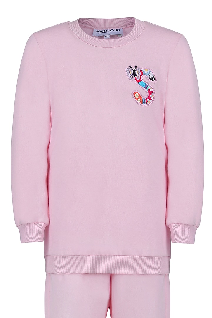 Baby Pink Fleece Embroidered Co-Ord Set For Girls by Pooja Wang at Pernia's Pop Up Shop