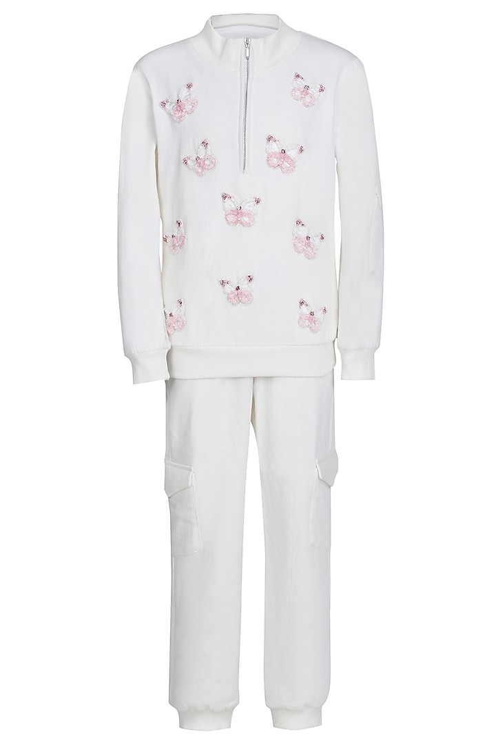 White Fleece Embroidered Co-Ord Set For Girls by Pooja Wang at Pernia's Pop Up Shop
