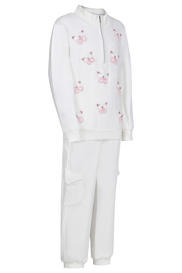 White Fleece Embroidered Co-Ord Set For Girls by Pooja Wang at Pernia's Pop Up Shop