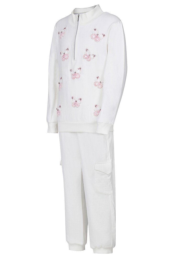 White Fleece Embroidered Co-Ord Set For Girls by Pooja Wang at Pernia's Pop Up Shop