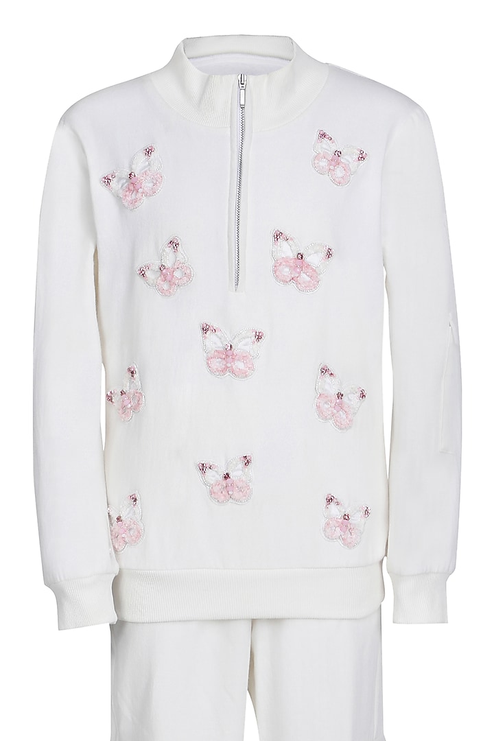 White Fleece Embroidered Co-Ord Set For Girls by Pooja Wang at Pernia's Pop Up Shop