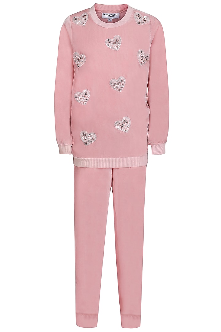 Onion Pink Velvet Embroidered Co-Ord Set For Girls by Pooja Wang at Pernia's Pop Up Shop