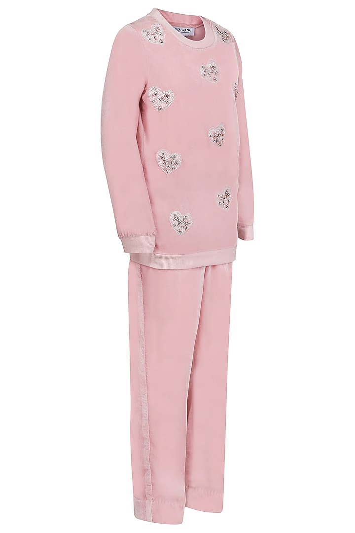 Onion Pink Velvet Embroidered Co-Ord Set For Girls by Pooja Wang at Pernia's Pop Up Shop