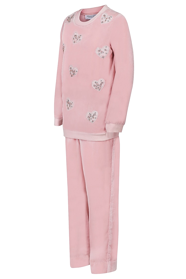 Onion Pink Velvet Embroidered Co-Ord Set For Girls by Pooja Wang at Pernia's Pop Up Shop