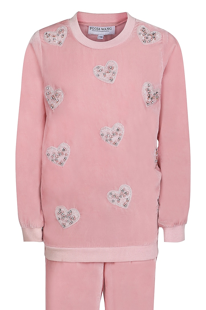 Onion Pink Velvet Embroidered Co-Ord Set For Girls by Pooja Wang at Pernia's Pop Up Shop