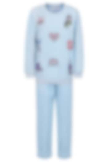 Ice Blue Fleece Embroidered Co-Ord Set For Girls by Pooja Wang at Pernia's Pop Up Shop